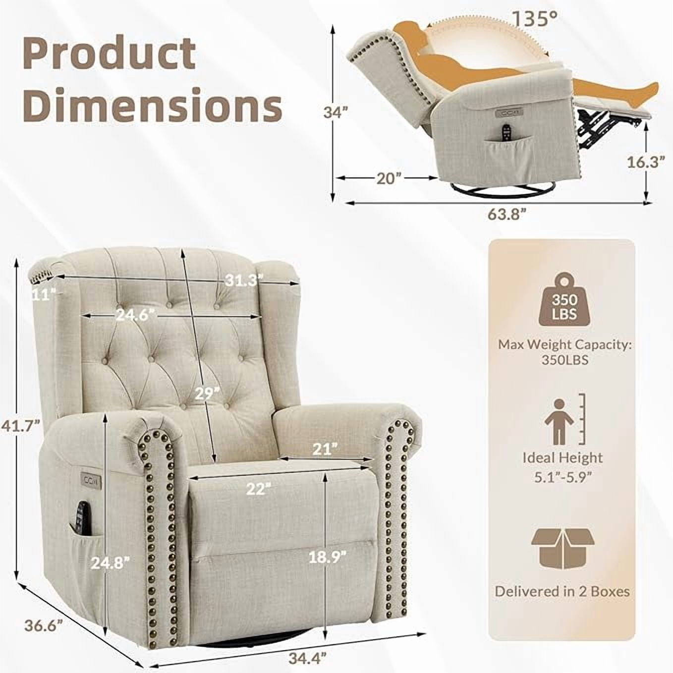 EPICOZY Power Swivel Rocking Glider Recliner Chair with Massage and Heat, Electric Nursery Glider Rocker for Living Room, Wingback Tufted Upholstered Recliner Chair with Type-C & USB Ports, Beige