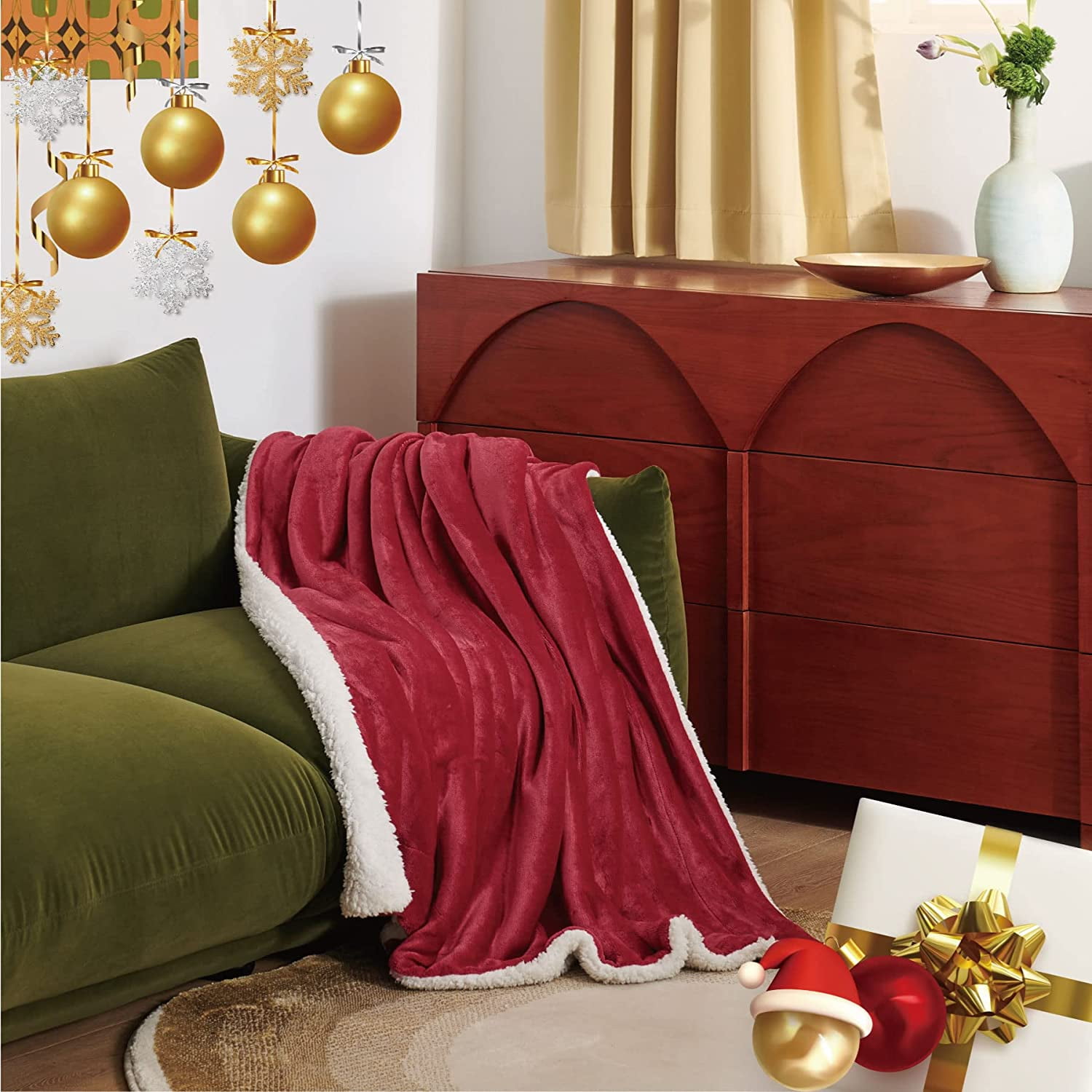 HTOOQ Sherpa Fleece Throw Blanket for Couch Red Burgundy Maroon Wine Thick Fuzzy Warm Soft Blankets and Throws for Sofa 5HTOOQ x6HTOOQ Inches
