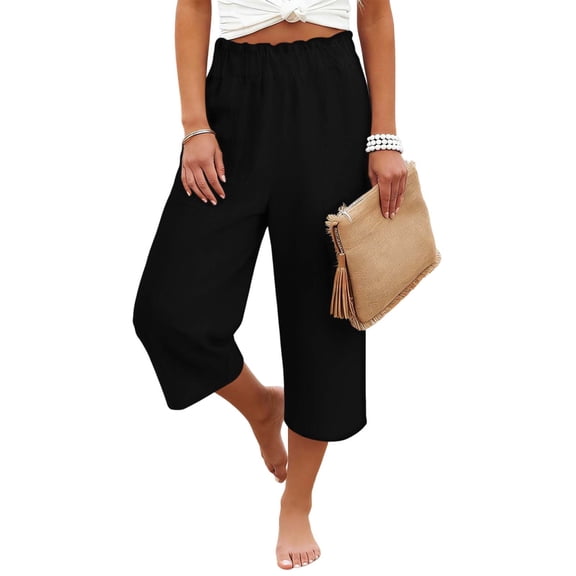 Women's Summer Linen Pants Elastic Waist Ruffles 7/8 Length Loose Straight Leg with Pockets Breathable Lightweight Capris Vacation Beach Casual Office Outfits New Black S