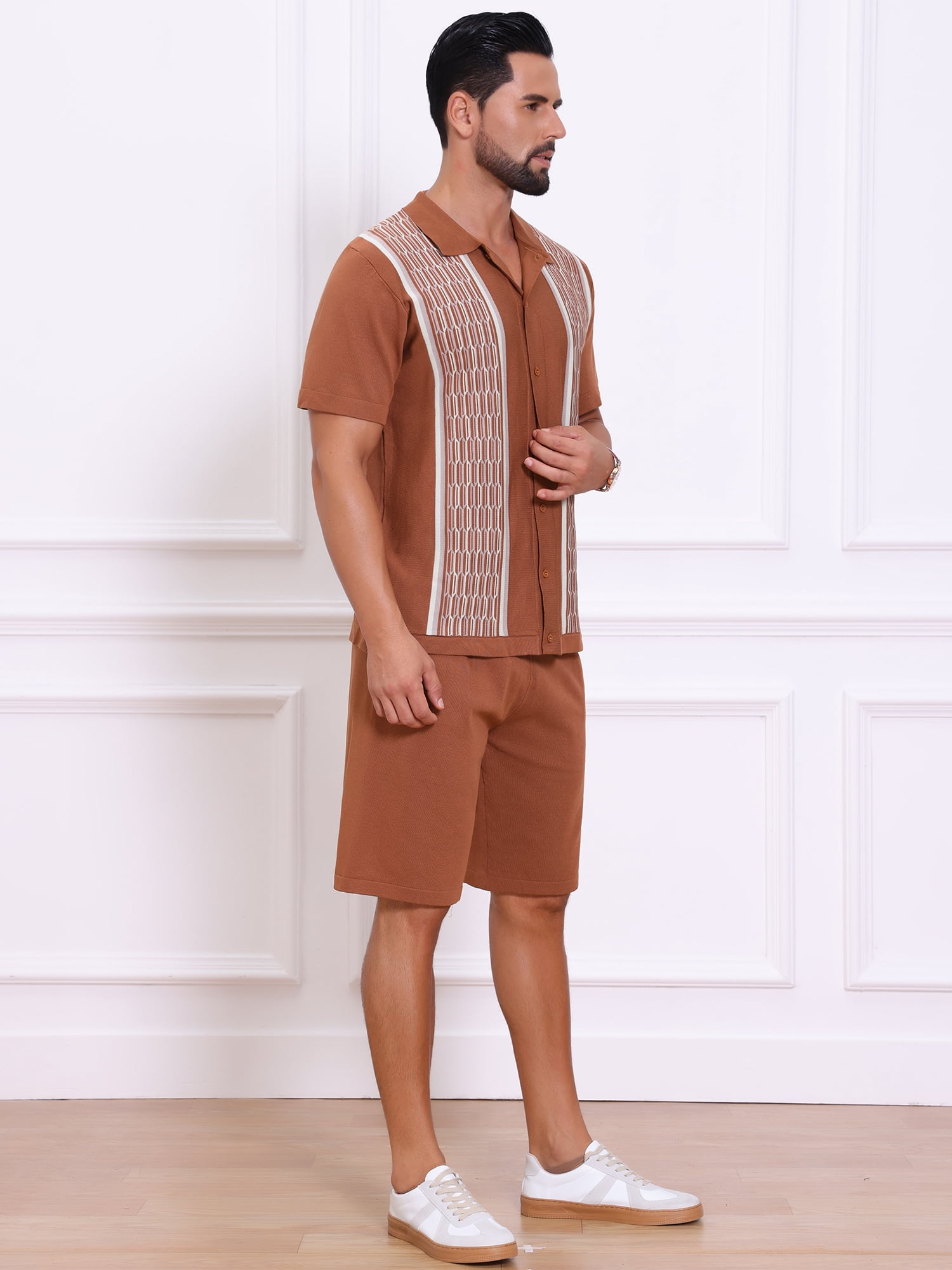 DARING DIVA Men's 2 Pieces Sets Summer Polo Shirt & Shorts Printed Knit Outfits L Brown