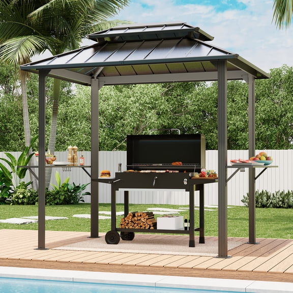LAUSAINT HOME 8x6 ft Hardtop Grill Gazebo, Outdoor Galvanized Steel Double Roof Patio Gazebo, Metal BBQ Canopy Pergola with 2 Side Shelves and Hooks for Backyard, Garden, Poolside, Black