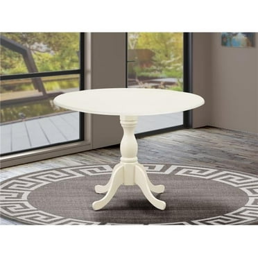 Dublin Round Wood Table with Linen White Drops Leave Table Top Surface & Asian Wood Pedestal Legs