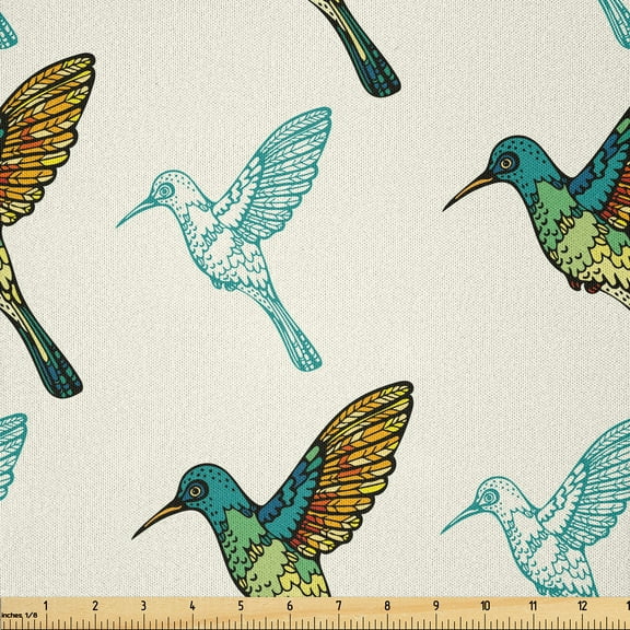 Ambesonne Bird Fabric by the Yard Microfiber, Colorful Hummingbirds, 5 Yards, Ivory Dark Seafoam