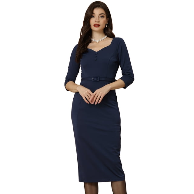 Elegante vestido de tubo para mujer, cuello de corazón, media manga, vestidos de trabajo de oficina Azul oscuro XS