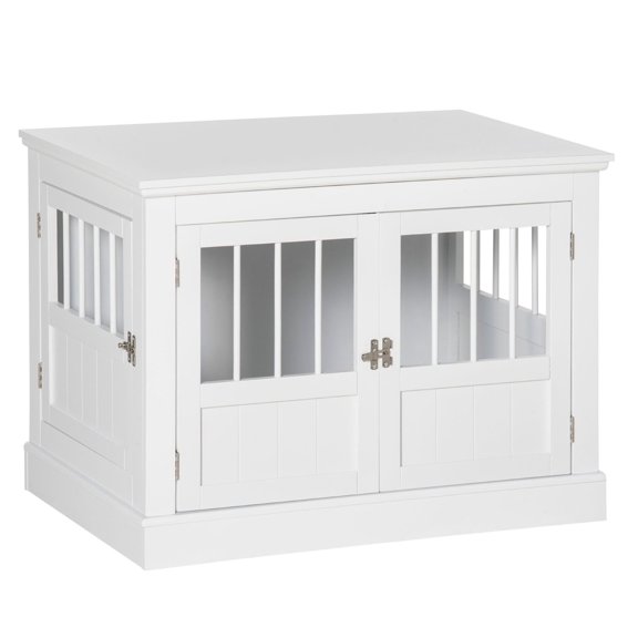 SAZYY Wooden Dog Crate End Table for Small Dogs, Triple Door Design with Steel Tubes, White Furniture Style Pet Crate