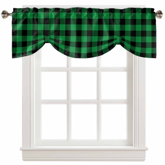 Fsddascl St. Patrick's Day Tie Up Valance Curtains for Windows, Kitchen Curtains Window Treatments, Green and Black Buffalo Plaid Short Window Shades Valances for Bedroom Bathroom Cafe 54"x18"