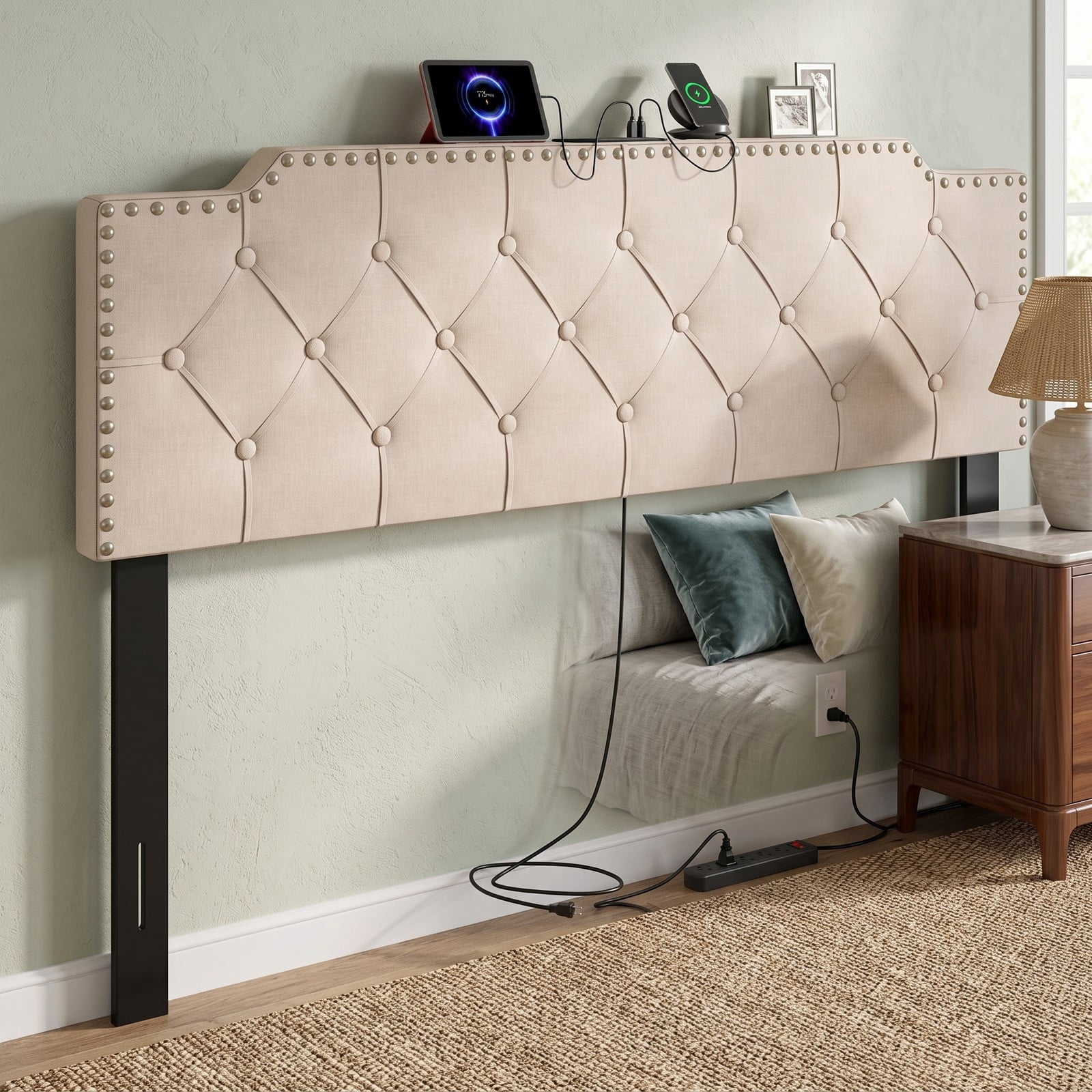 Furnibear Nailhead Trim Tufted Upholstered Headboard with 2 AC Outlets and USB and Type-C Ports for Full and Queen Beds, Beige