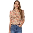 thumbnail image 1 of Blusa de chifón de media manga Allegra K con cuello alto y volantes florales Rosa S, 1 of 5