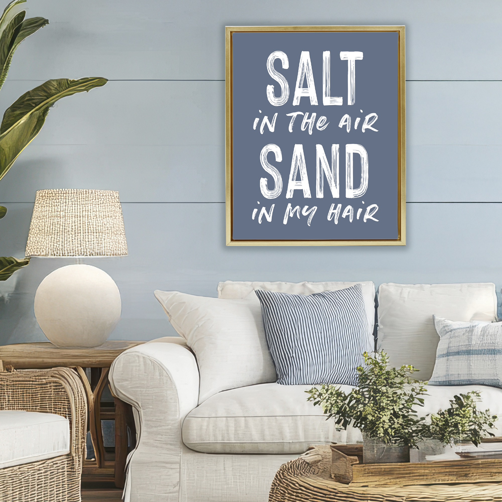 Summer Sentiment Salt Sand In Hair Gold Framed Floater Canvas Wall Art, design by Lettered and Lined