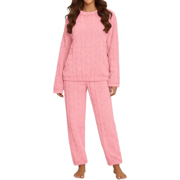 QIYAGBSA Fleece Pajama Set for Women Soft Warm Jacquard Long Sleeve Top and Pants (Pink, L)