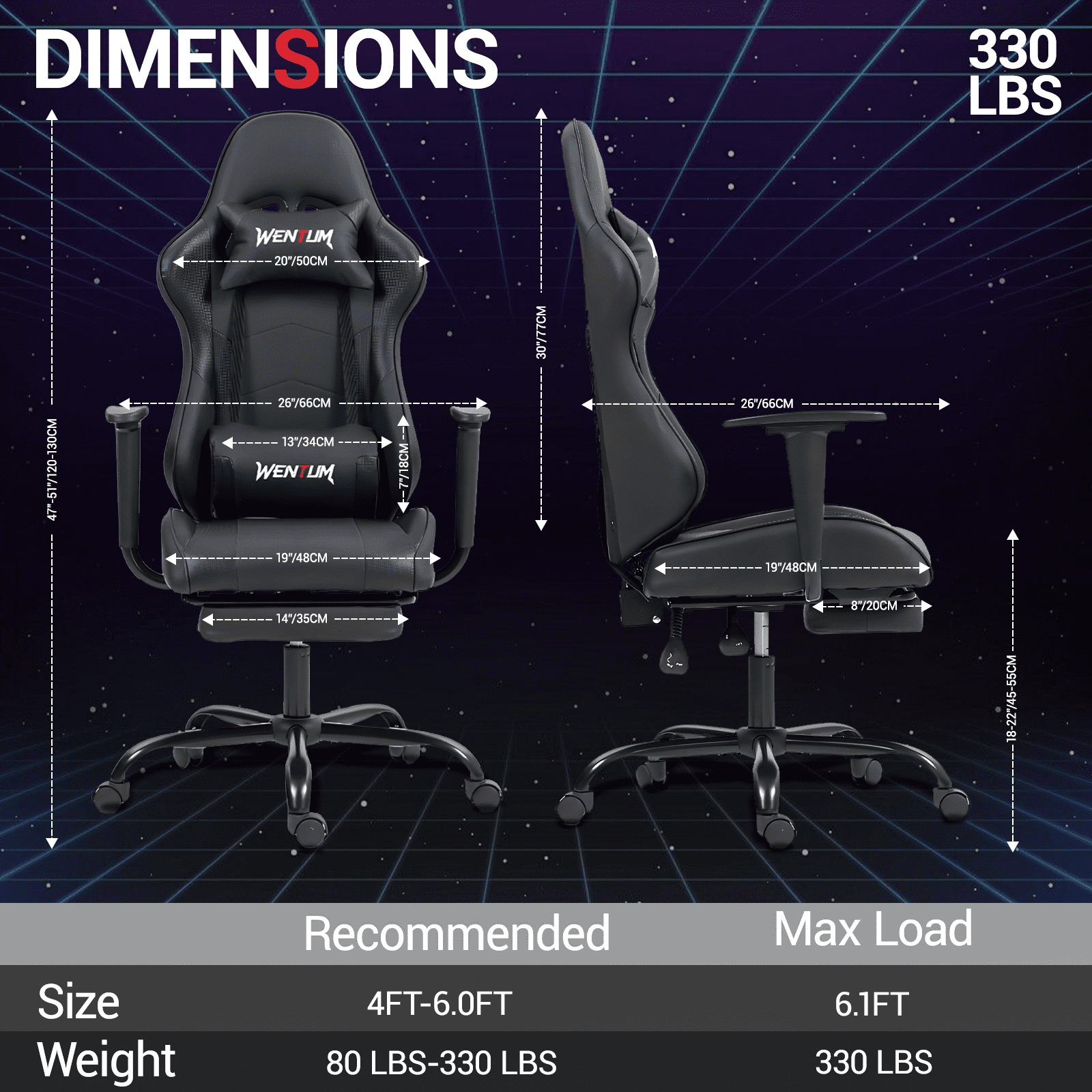 Wentum Reclining Gaming Chair With Footrest, Massage Racing Office Chair, PU Leather Computer Desk Chair with Head Pillow for Adults, Black