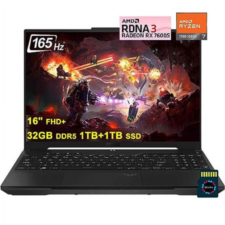 Asus TUF Gaming A16 Laptop | 16" FHD+ 165Hz 7ms | AMD 8-core Ryzen 7 7735HS (>i7-11800H)| 32GB DDR5 1TB+1TB SSD | Radeon RX7600S 8GB Graphic | Backlit USB-C USB4 Fast Charging Win11 +32GB MicroSD Card