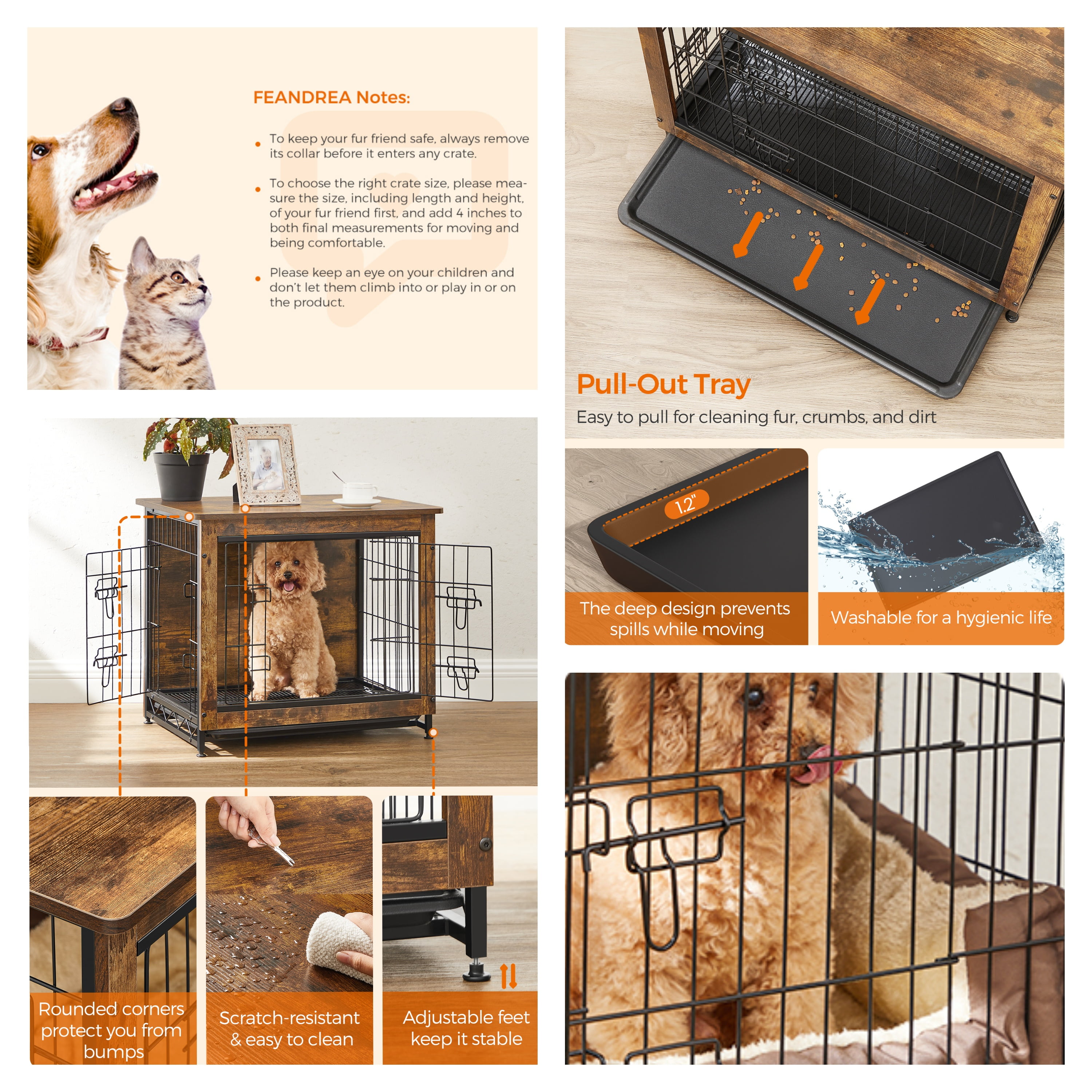 LEDREM Dog Crate Furniture, 27.2-Inch Indoor Dog Kennel with Double Doors, Removable Tray, Side Table, for Small Dogs up to 30 lb, Rustic Brown