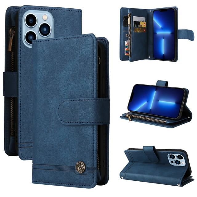 Case for iPhone 13 Pro Cover Zipper Pocket Wallet Case Magnetic Protective - Blue