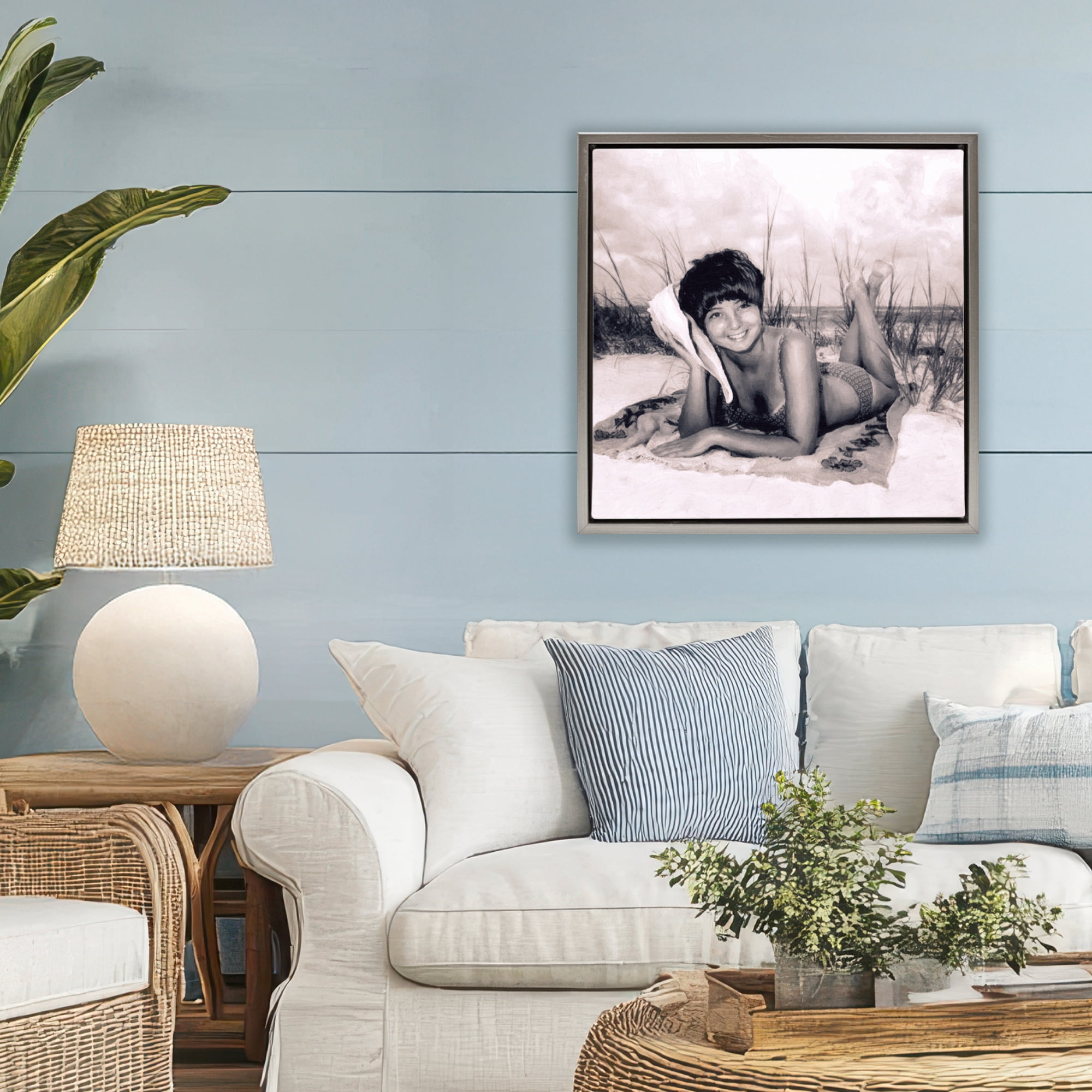 Stupell Industries Vintage Summer Girl with Conch Gray Framed Floater Canvas Wall Art, design by Grotto Studios