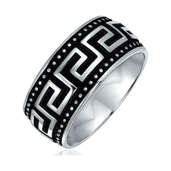 Bling Jewelry Mens Mens Silver Ring with  Greek Key Design Black & Silver Two-Tone Band