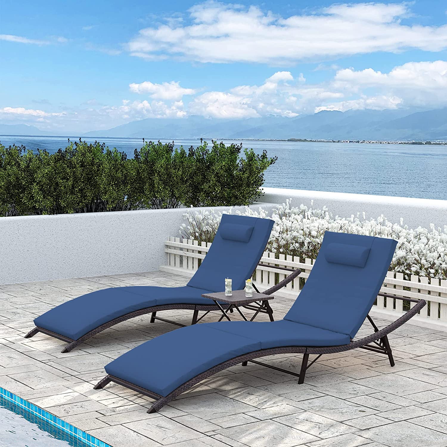 ALAULM Patio Chaise Lounge Sets Outdoor Rattan Adjustable Back 3 Pieces Cushioned Patio Folding ...