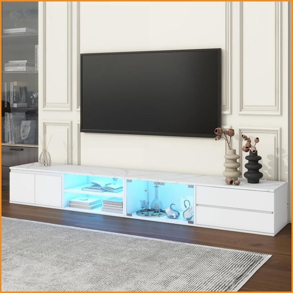 TV Furniture, Modern White Entertainment Center with APP LED Lights, Faux Marble Top & 2 Drawers for TVs Up to 105'' | White | TV Size Ranges