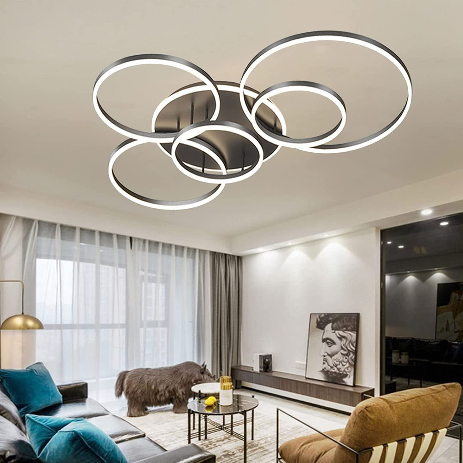 Modern Led Flush Mount Ceiling Light, 5 Rings Light Fixtures 80W Dimmable with Remote Acrylic, (Black)