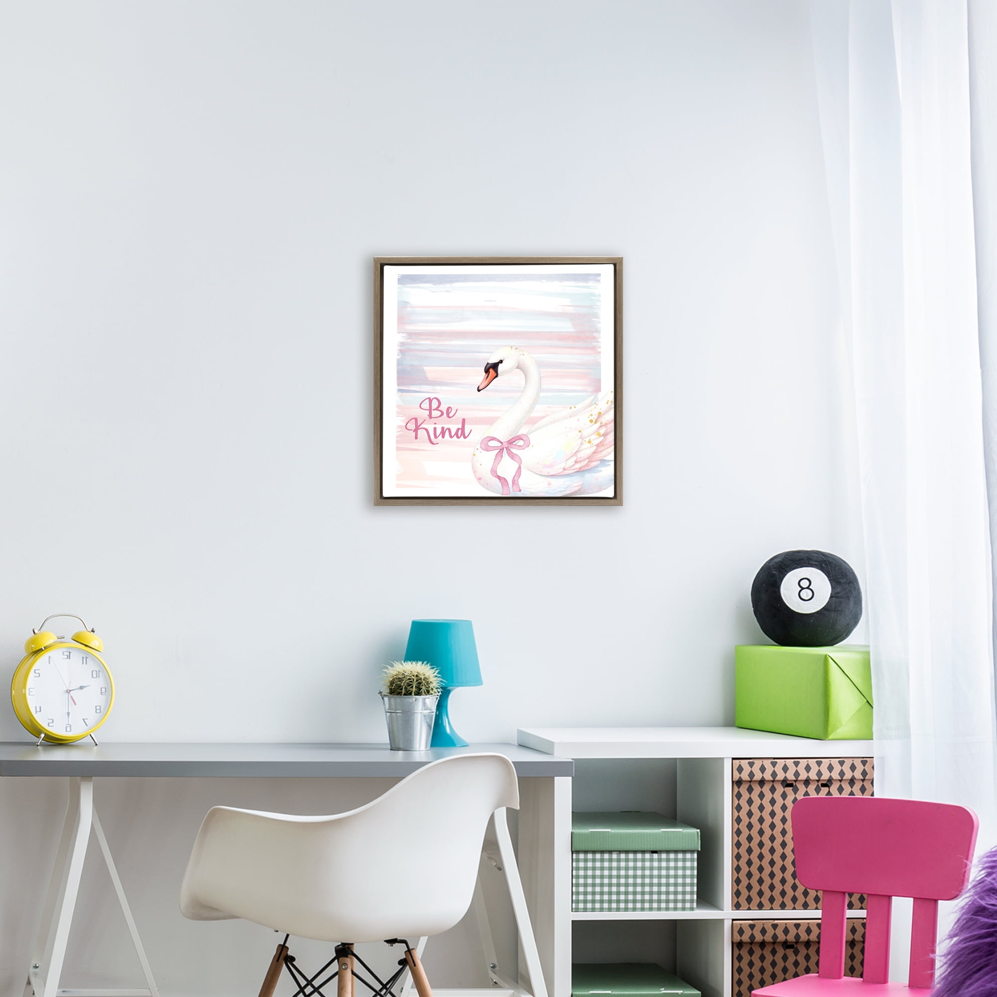 Be Kind Pastel Swan Brown Framed Floater Canvas Wall Art, design by Kim Allen