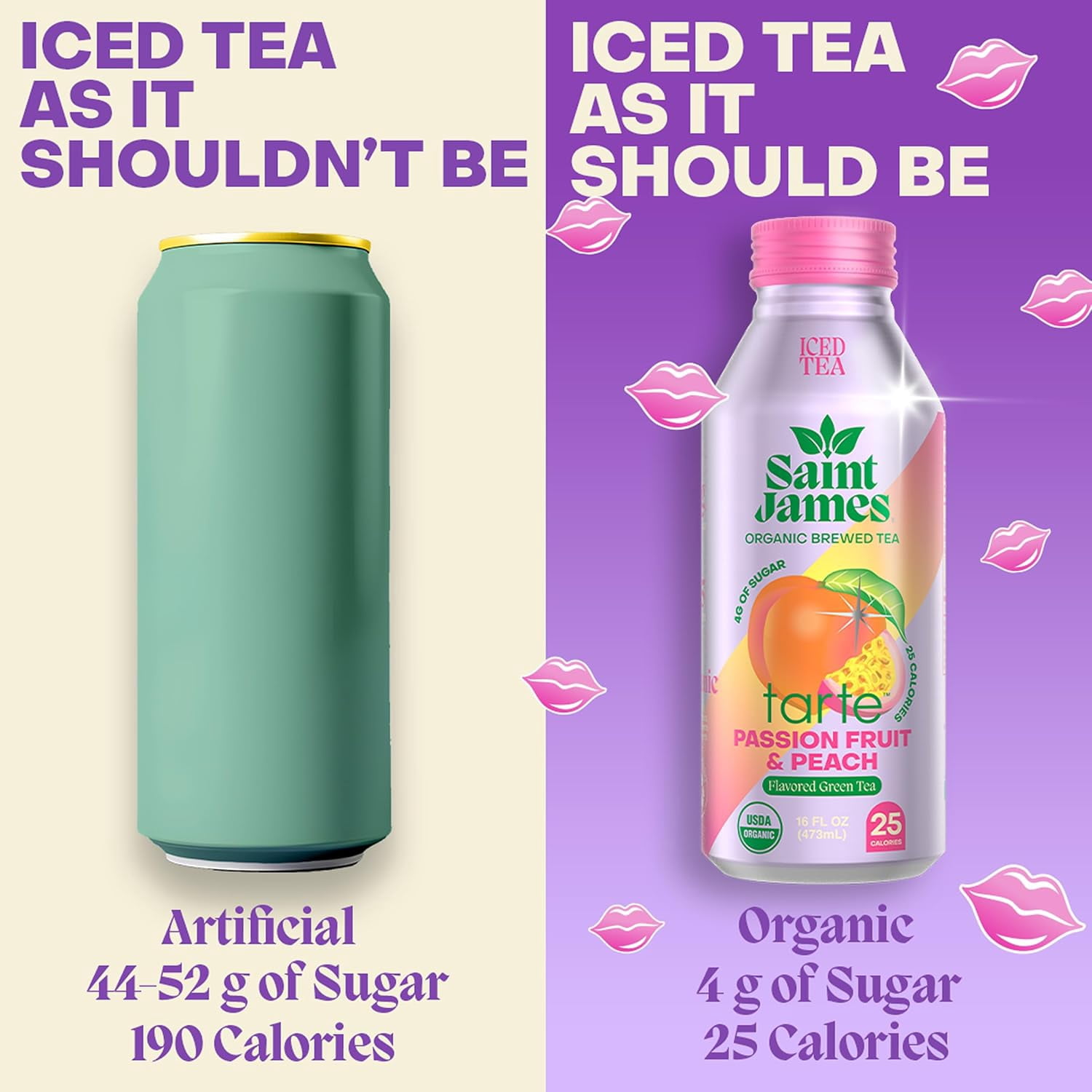 Saint James x Tarte Organic Green Iced Tea, Passion Fruit & Peach, 12pk | Limited Edition, Non GMO, Gluten Free, Low Calorie & Low Sugar, 16 fl oz each