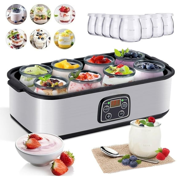 DICEEVIL Probiotic Yogurt Maker with 8 Glass Jars, Stainless Steel Yogurt Machine with Adjustable Time & Temp Control, 1400 ML Automatic Yogurt Maker for Homemade Greek, Vegan