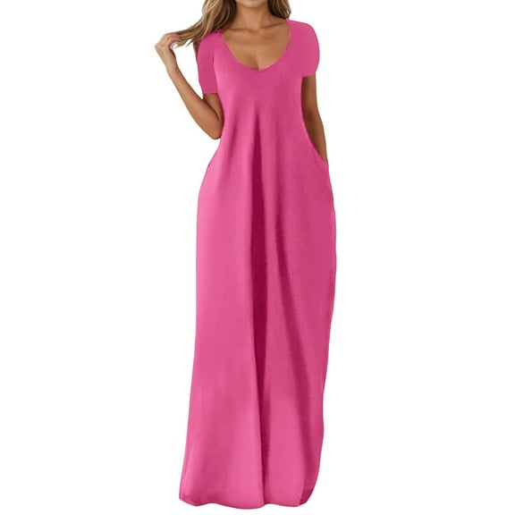 Women Plus Size Casual V Neck Long Dress Summer Loose Fit Maxi T Shirt Style with Pockets Comfortable Flowy Womens Casual Trendy Midi Dresses