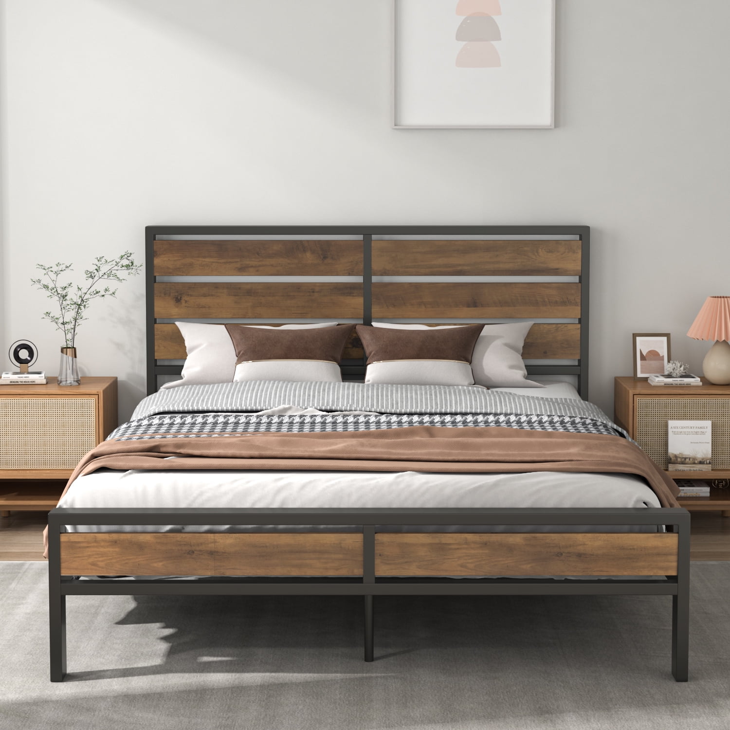 Allewie Queen Size Platform Bed Frame With Wood Headboard And Metal Slats