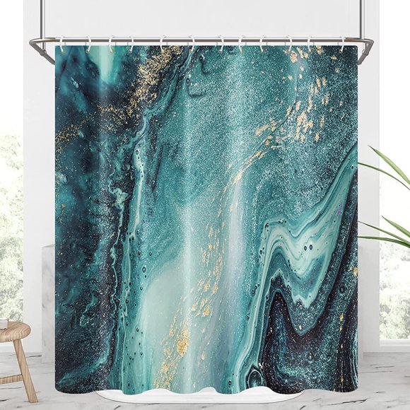 AIR-Teal Blue Marble Shower Curtain Abstract Modern Colorful Paint Green Jade and Gold Mineral Texture Granite Shower Curtains Crystal Bathroom Accessories Fabric Waterproof 72 x 72 Inches