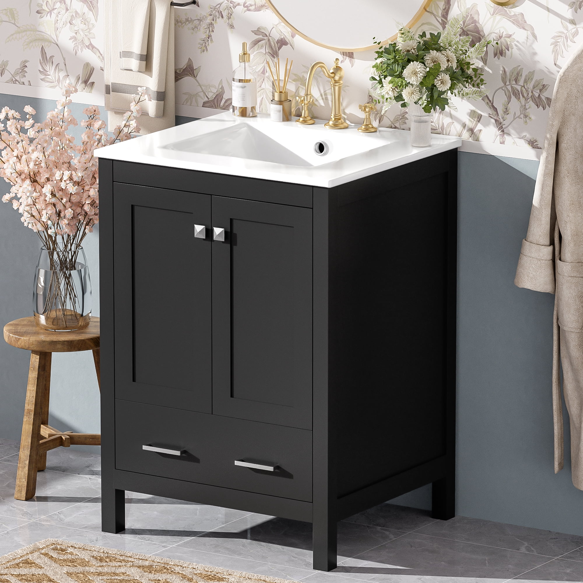 Euroco 24-inch bathroom vanity with integrated undermount basin and a storage cabinet featuring 2 doors and 1 drawer. Includes double-layer door shelf