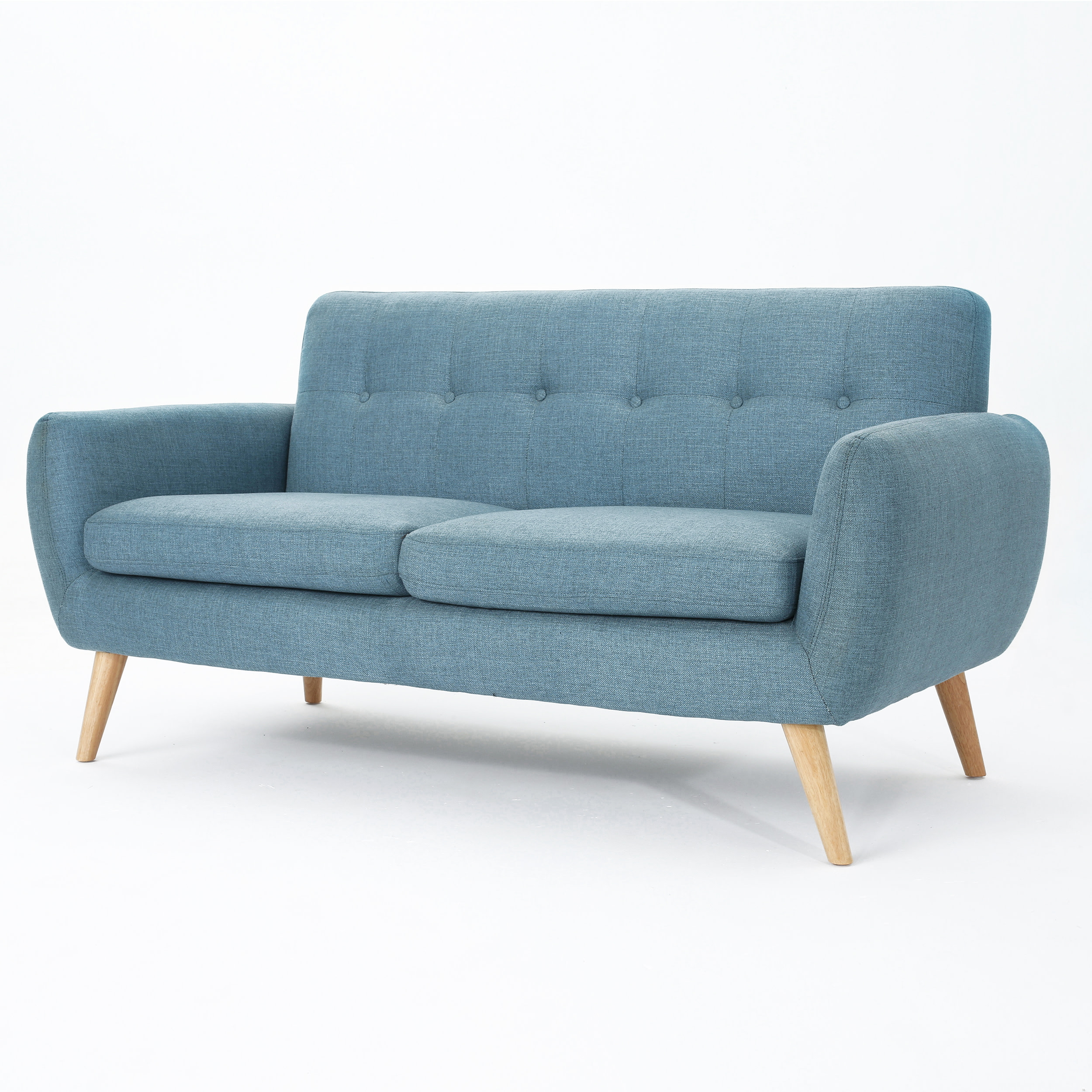 Sheena Mid Century Modern Fabric Tufted Sofa, Blue and Natural Oak