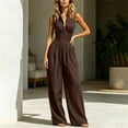thumbnail image 4 of Women's Sleeveless Jumpsuit, Turndown Collar V-Neck With Pockets, Fashion One-Piece Pants For Office & Casual Outings Coffee M, 4 of 7