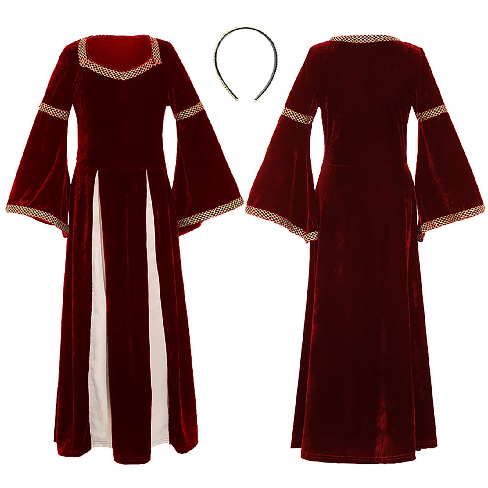 Byoo Girls Renaissance Dress Velvet Colorblock Long Bell Sleeve Square Neck Gown Soft Daily DressesWine