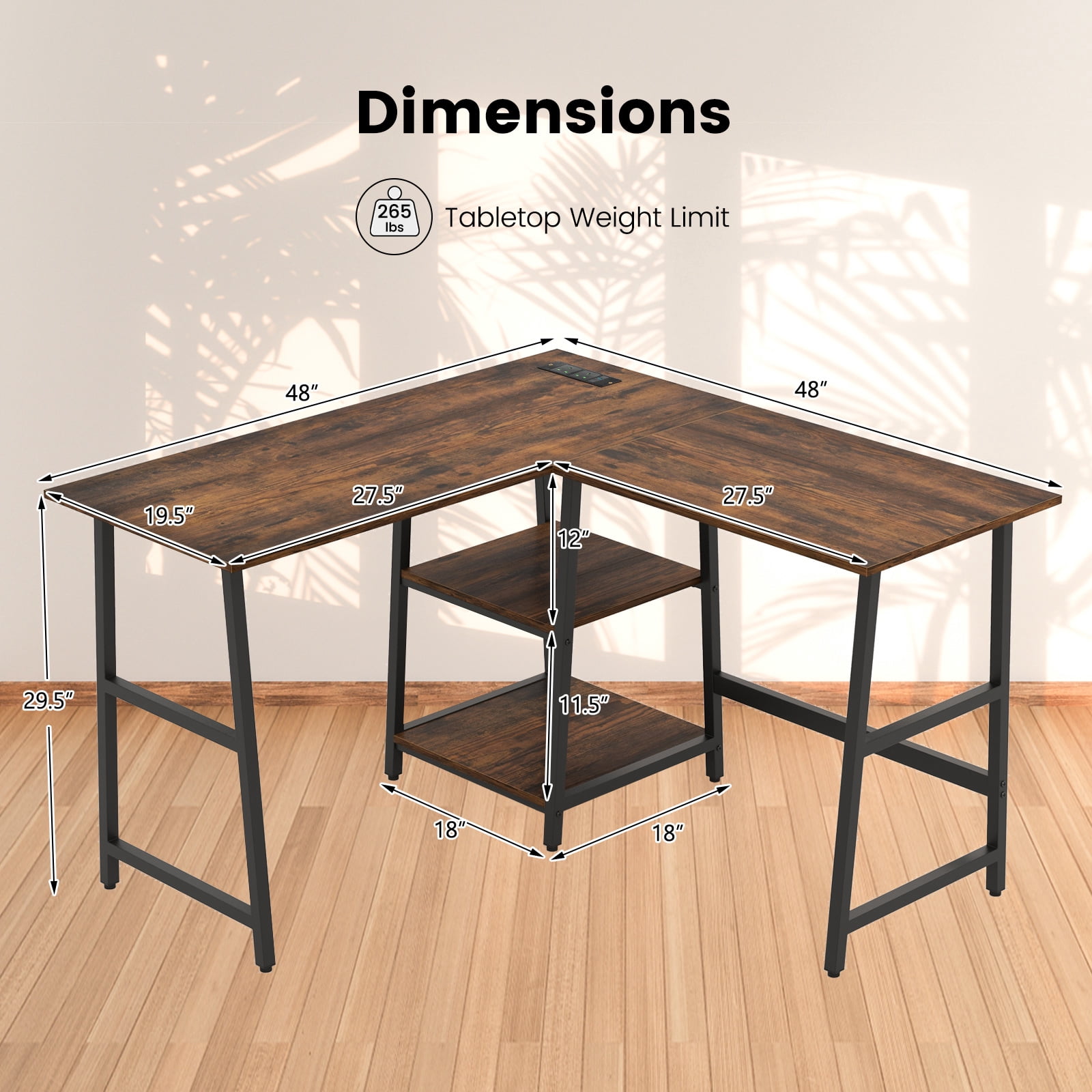 Giantex L Shaped Desk, Corner Gaming Desk w/Storage Shelves, Industrial Writing Desk Workstation, Brown