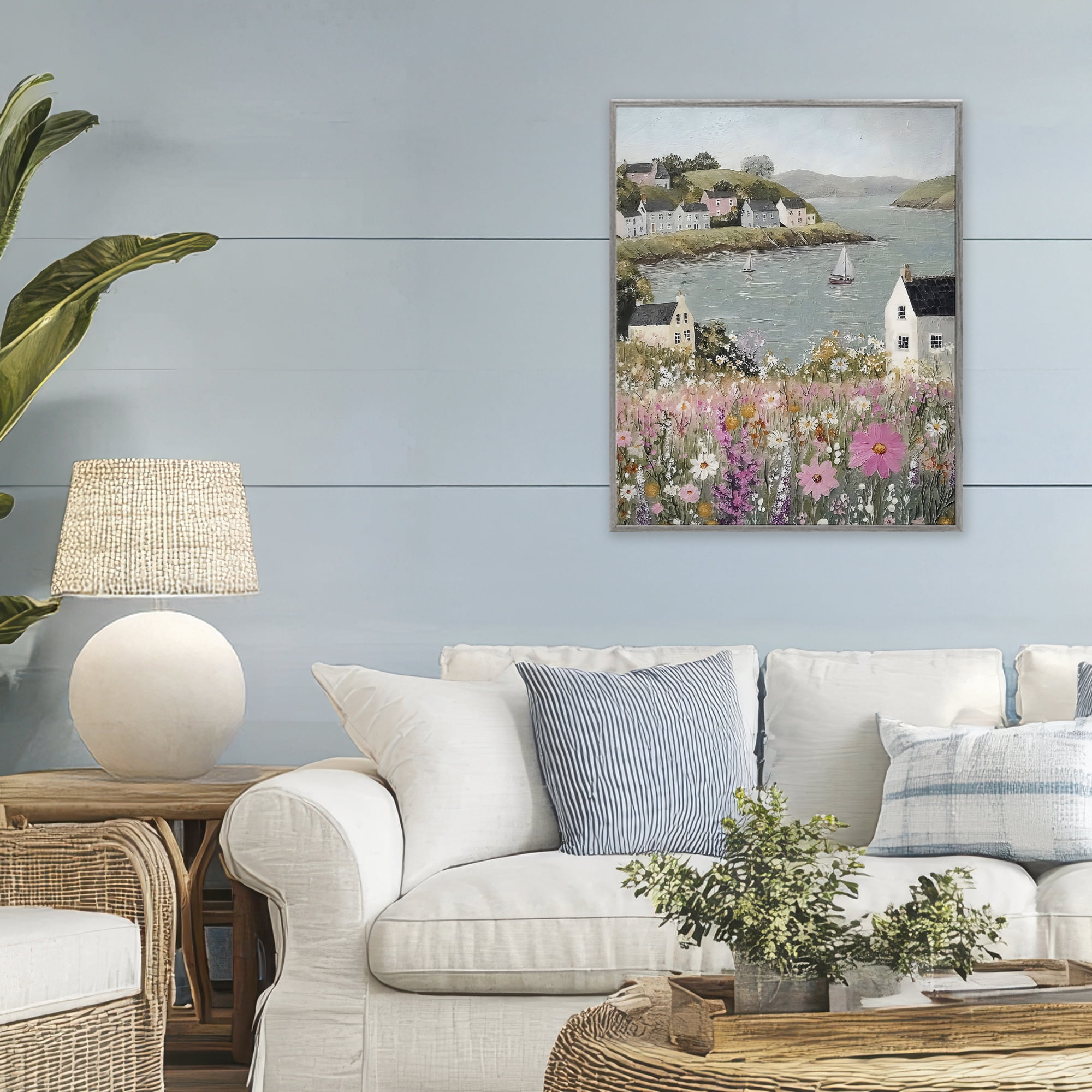 Stupell Industries Seaside Cottages & Sailboats Gray Framed Giclee Art, design by Riley B