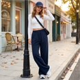thumbnail image 6 of Sorvello Womens Solid High Rise Wide Leg Lounge Pants Elastic Pull On Waist Side Pockets Full Length Casual Sweatpants Navy 2XL, 6 of 6