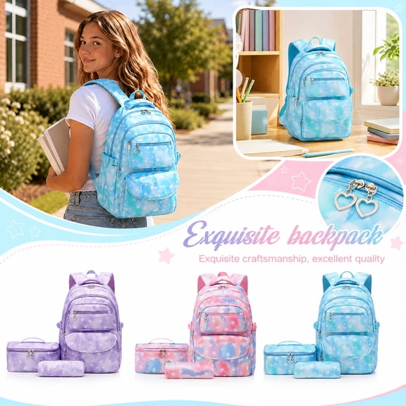 3-Pcs Star Print Backpack With Lunch Box Bag And Pencil Case, 17 IN Stylish Elegant Multi Pocket Set With Heart Zipper Pull For Kids Adults Campus & Weekend Outings (C)