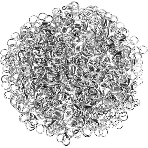 400PCS Lobster Claw Clasps with Open Jump Rings Kit, Bracelet Necklace Silver Fasteners Hooks for DIY Craft Jewelry Making, 12mmX7mm