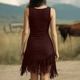 thumbnail image 4 of XUNKUSGA Womens Dresses Retro V Neck Spaghetti Strap Faux Suede Dress Fashion Sleeveless Fringe Dress Classic Solid Color Cowgirl Outfits for Women,Red,XL, 4 of 8