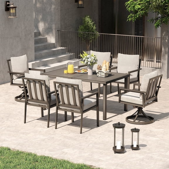 HAPPATIO Patio Dining Set for 6, 7-Piece Outdoor Aluminum Dining Set, 2 Cushioned Swivel Chairs, 4 Dining Chairs and Table for Deck Yard Poolside, Rust-Proof, Weather-Resistant, Easy Assembly