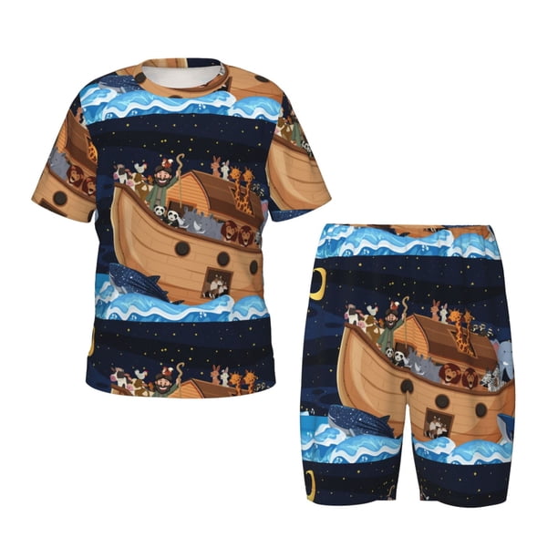 Fotbe Ocean Scene with Noah's Ark Pijama Estampada de 2 Piezas para Niños – Ropa de Dormir de Manga Corta Cómoda para Niños y Niñas, Camiseta y Shorts de Algodón-Medium