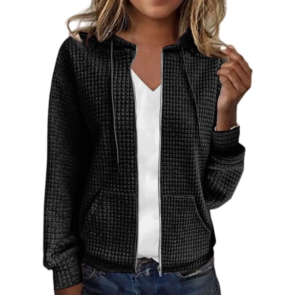 WTOBBY Women's Solid Color Zipper Hooded Cardigan Long Sleeved Sweatshirt Jacket, Casual Streetwear Top with Front Pocket and Comfortable Loose Fit,Black L