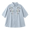 thumbnail image 5 of Endives Womens Cotton Linen Shirt Lapel Embroidered Button Down Shirt 3/4 Sleeve Bteathable Shirt Blouse for Women Spring Trendy Blue, 5 of 5