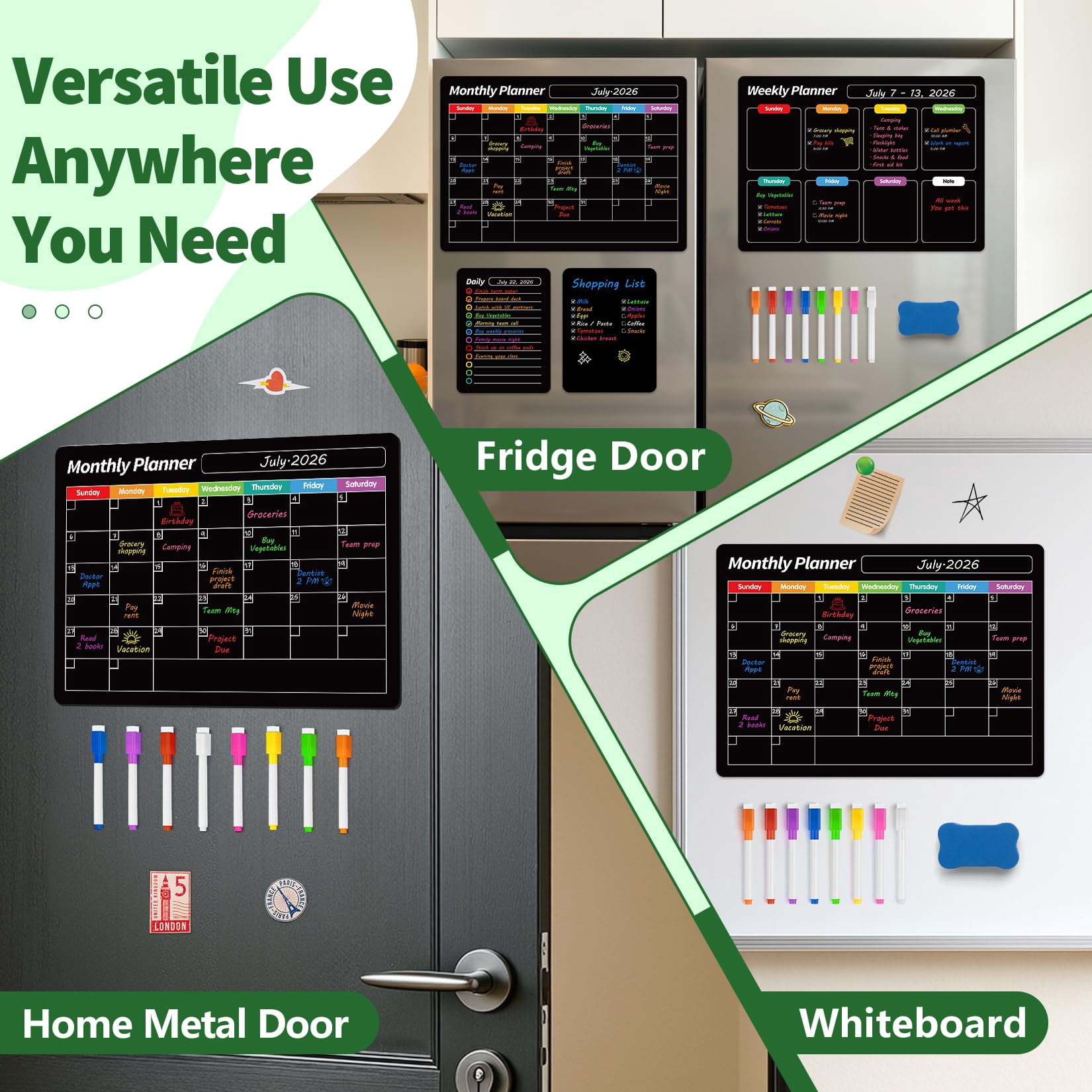4 Pack Magnetic Dry Erase Board Set  16.5"x11.8" Calendar For Refrigerator Fridge Black Weekly Planner Whiteboard Easy To Use With 8 Markers & Eraser