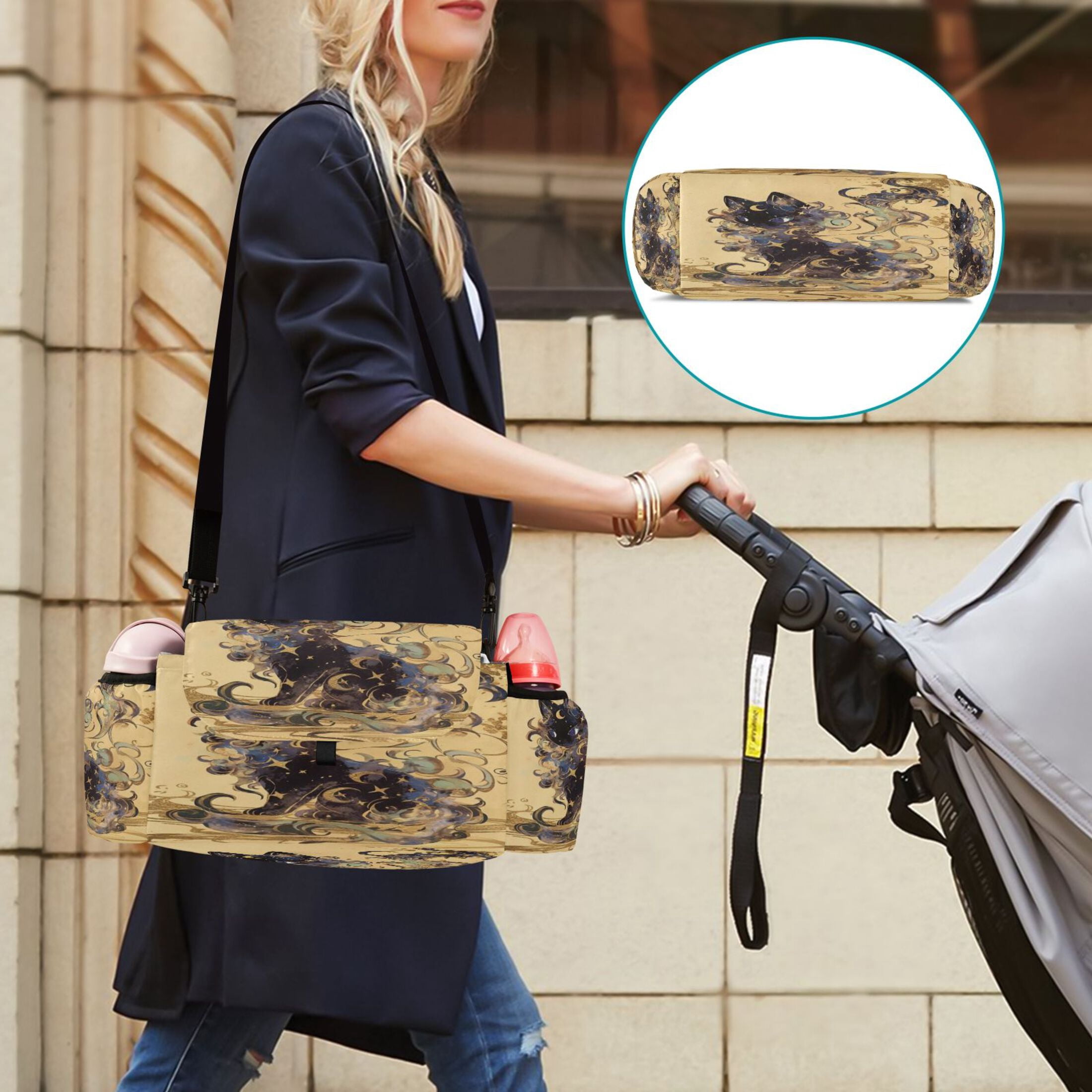 DIXRUYEE Stroller Organizer Mystic Black Cat Amid Golden Whirls Printed