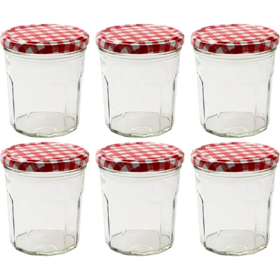 MMZP 6 Pack Wide Mouth Glass Jars with Red Gingham Lids - 324ml (10oz)