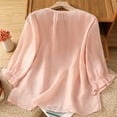 thumbnail image 4 of Dasayo 3/4 Sleeve Tops for Women Trendy Pink Leisure Ruffle Buttons Embroidered Blouses Womens Sweatshirt L, 4 of 9