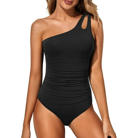 Women's One Shoulder One Piece Swimsuit Tummy Control Bathing Suit Modest Full Coverage Keyhole Swimwear, Black