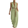 thumbnail image 4 of Guluxicc Women's Contrast Trim Elastic Waist Pleated Wide Leg Jumpsuit Casual Belted Stand Collar Sleeveless Loose Fit Rompers, 4 of 6