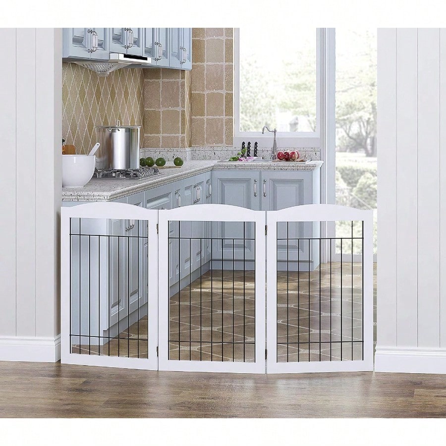 Freestanding Wire Pet Gate for Dogs, 60 inches Extra Wide, 30 inches Tall Dog Gate for The Houes, Doorway, Stairs, Pet Puppy Safety Fence, White 3 Panels